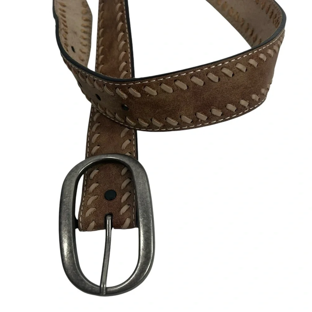 Leather Western Style Belt with woven stitch edging detail Silver Hardware small